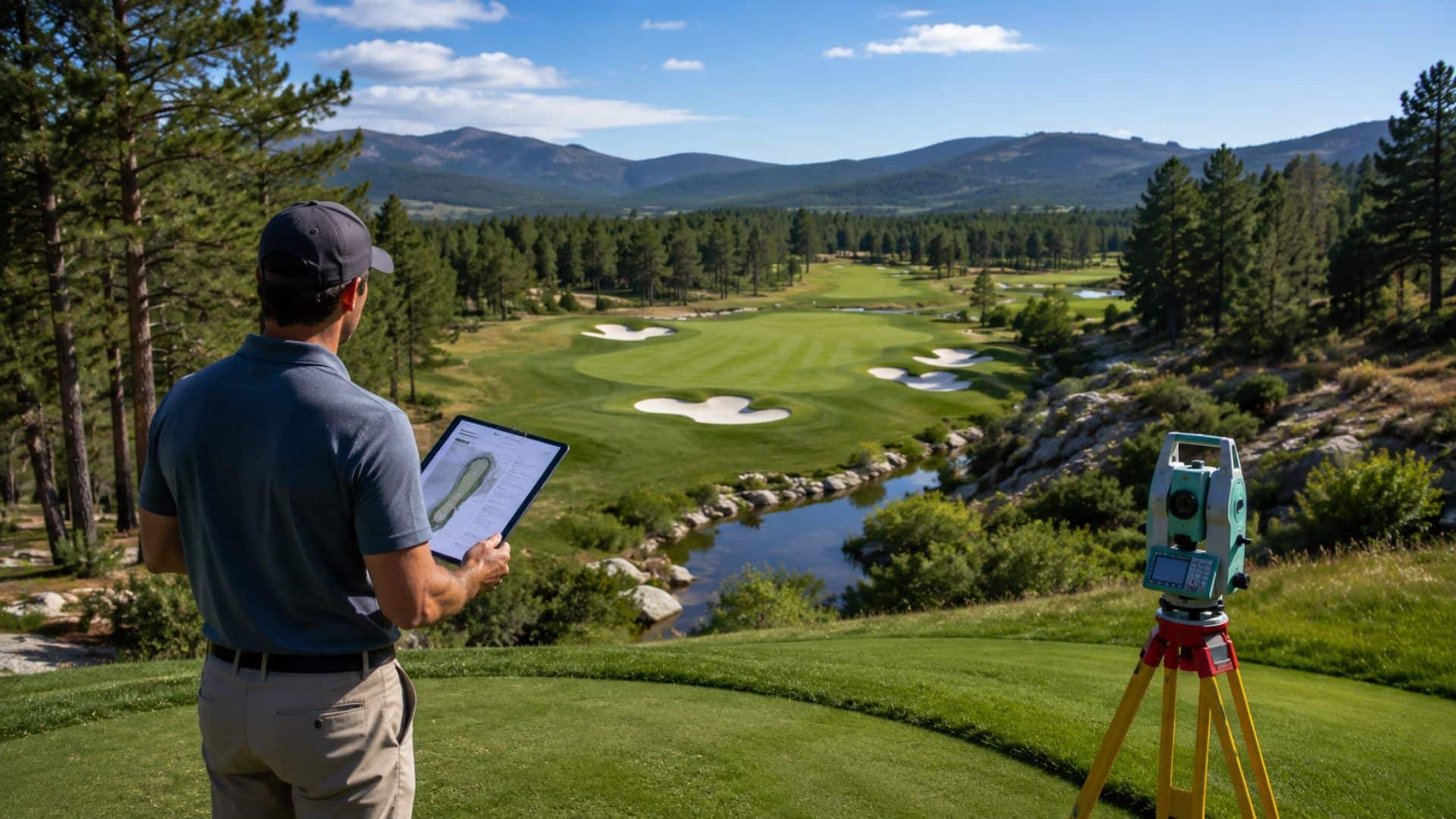Golf course designer reviewing course layout overlooking a championship golf course with fairways, bunkers, and mountain views.