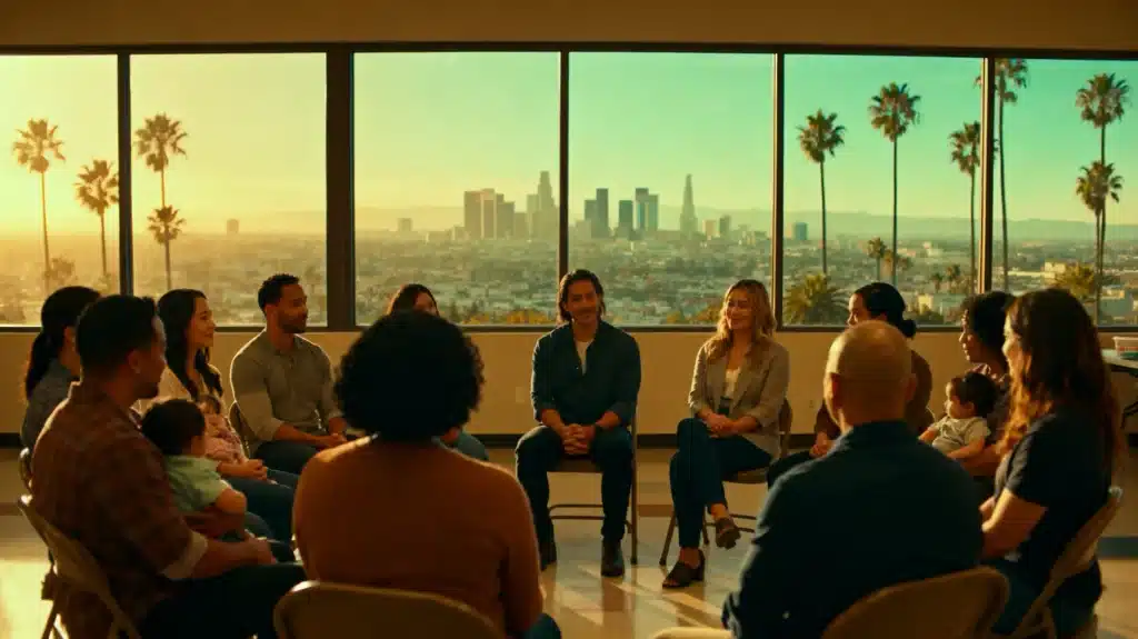 Group of people sitting in a circle in meeting room with city skyline view