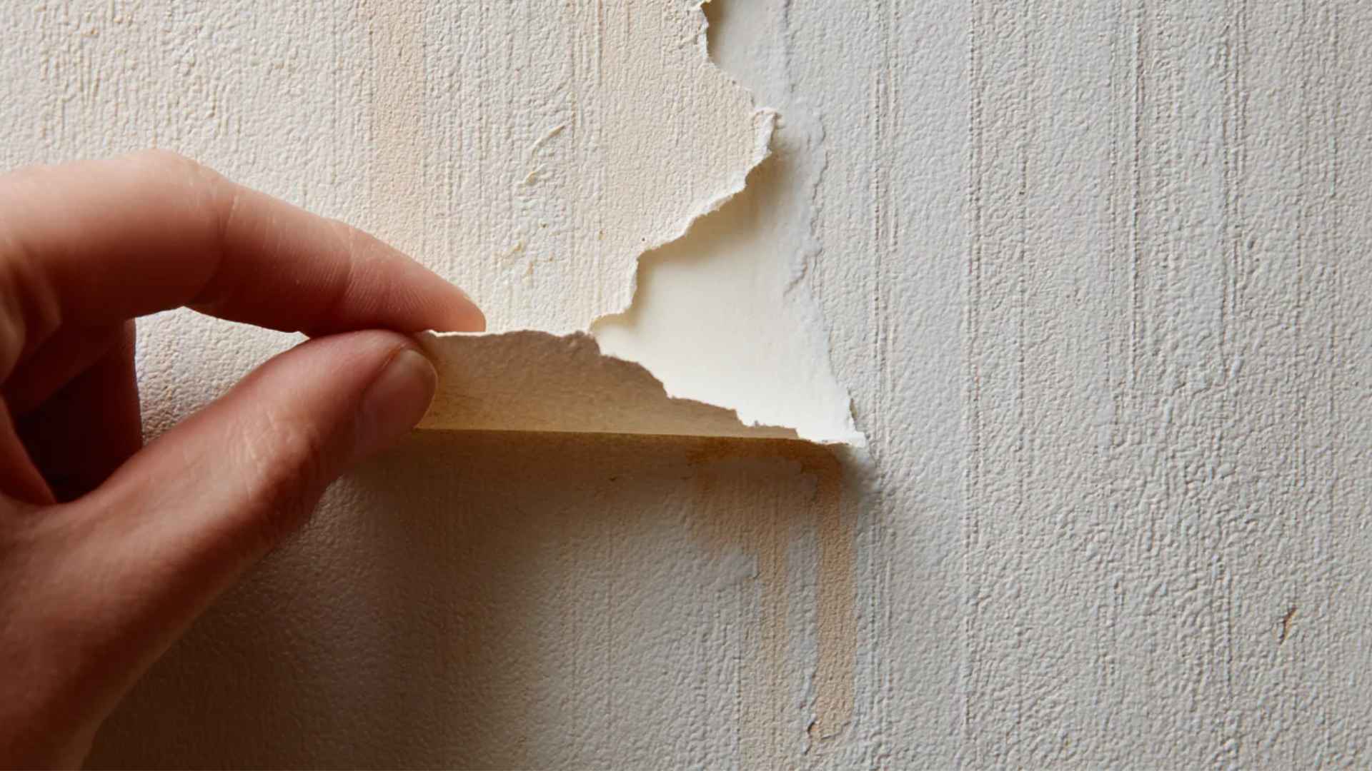 Hand peeling damaged wallpaper from a textured wall, showing adhesive residue underneath.
