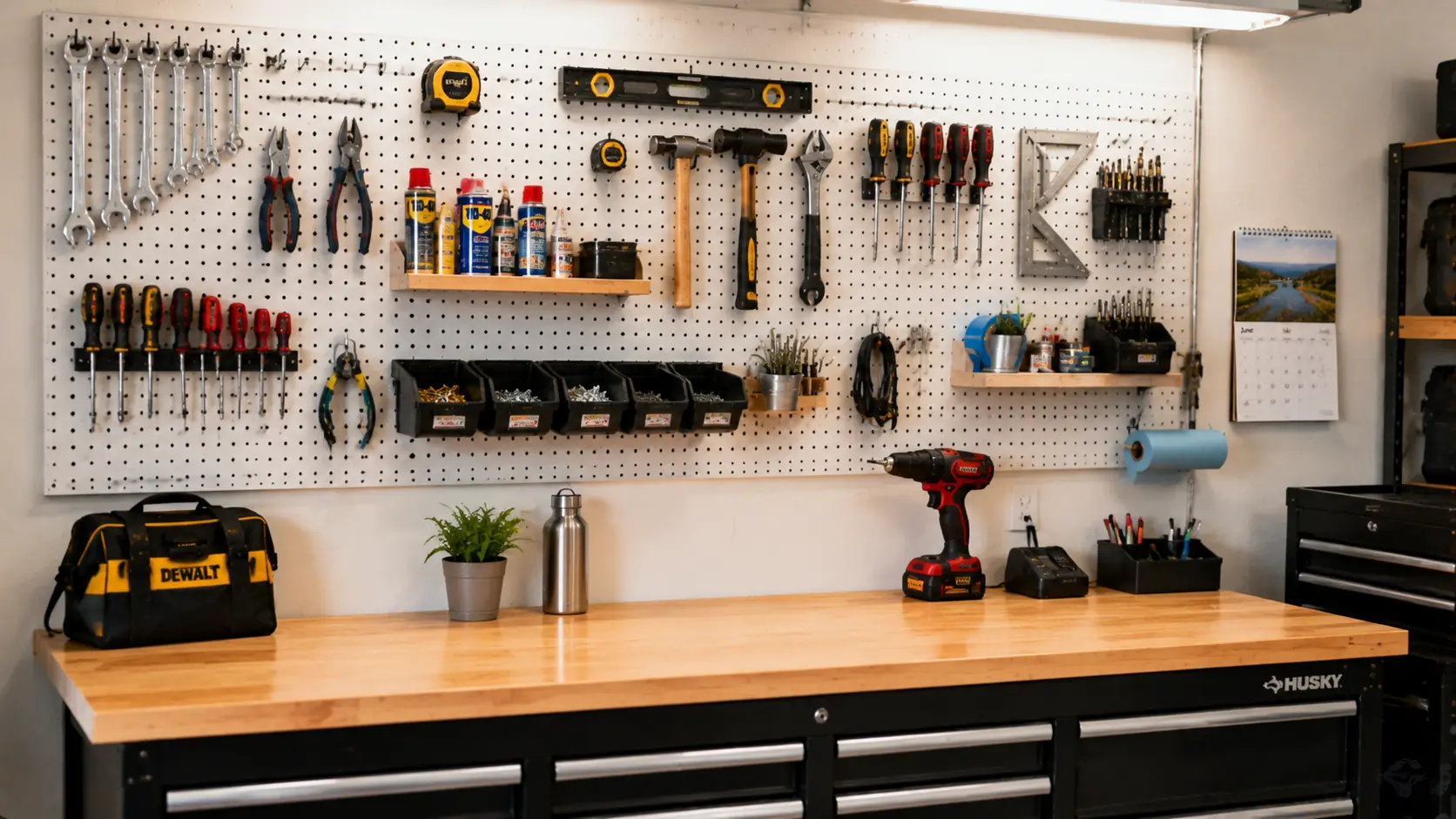 Pegboard back panel behind workbench with tools