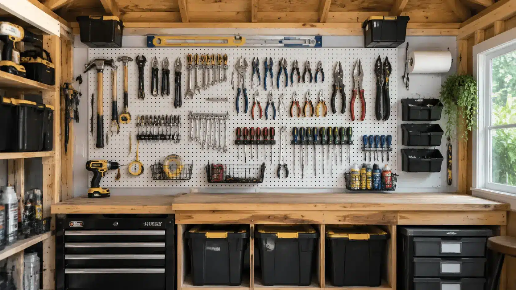 Pegboard wall storing hand tools