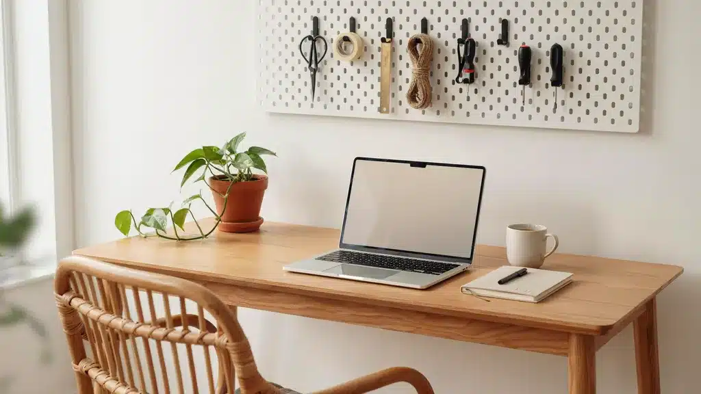 Home office desk with pegboard above holding organized tools and supplies, keeping the workspace clear, functional, and visually calm with minimal clutter.