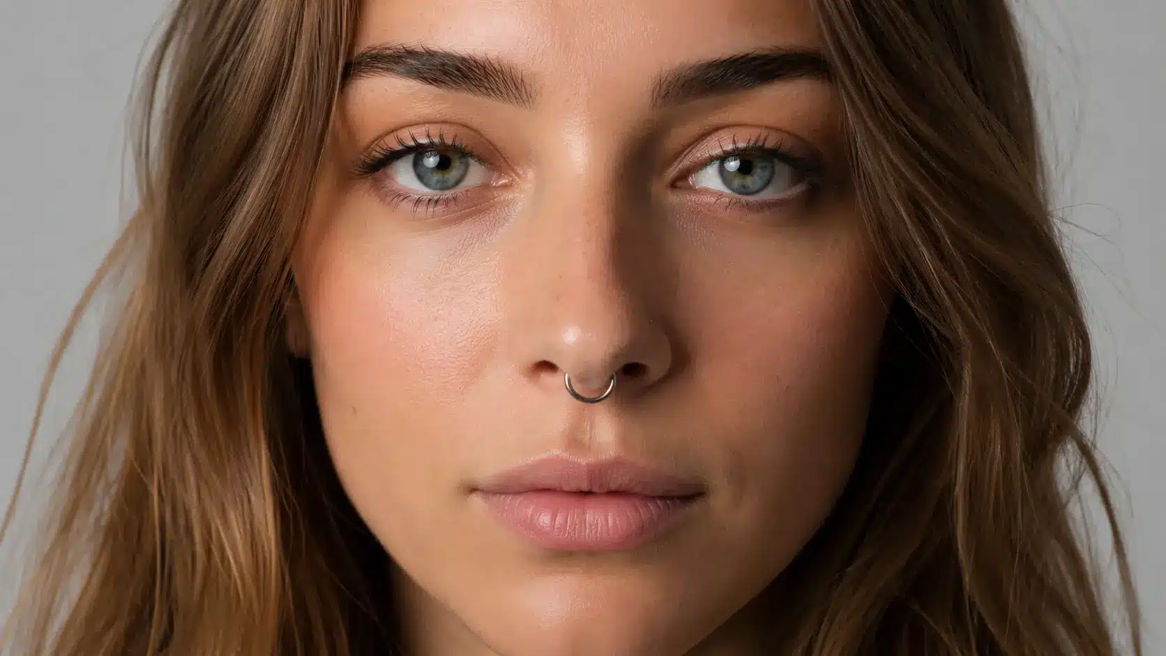 Person wearing a silver septum clicker ring