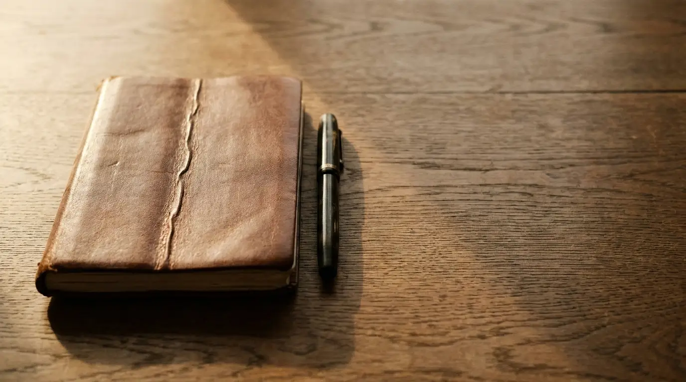 Leather journal and black pen on wooden desk with warm sunlight