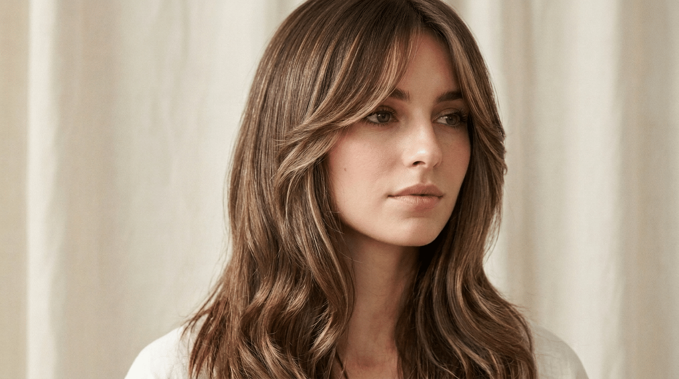 Long fringe haircut sitting at the brow line paired with layered blonde hair and soft natural movement