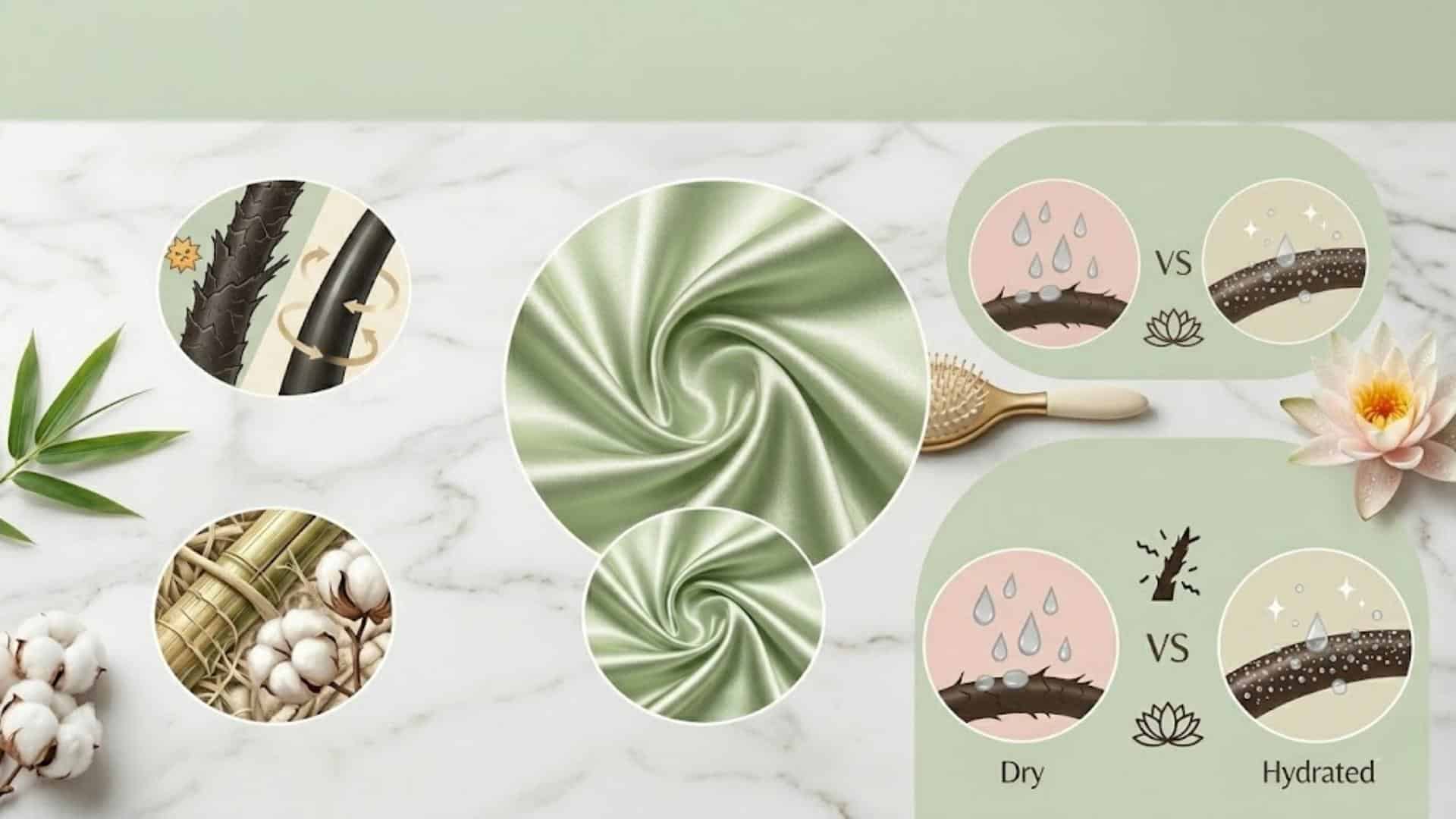 Infographic comparing dry vs hydrated hair and scalp using botanical and silk texture visuals in circular layouts.