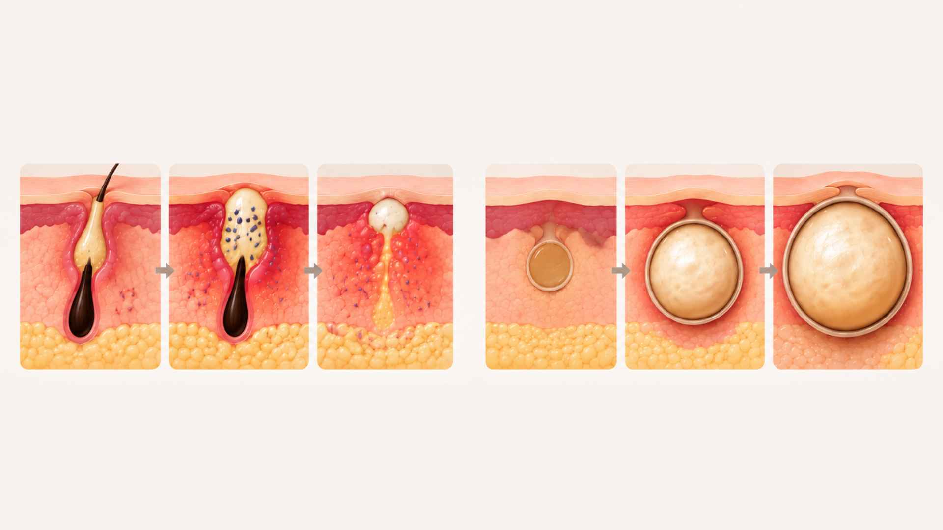 Medical illustration showing how a pimple forms and heals compared with how a cyst develops and grows beneath the skin.