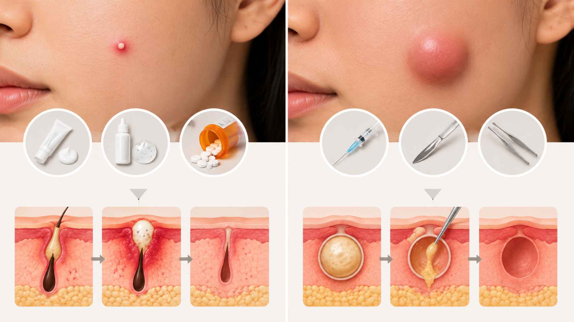 Medical illustration comparing pimple treatment and healing with cyst drainage and removal beneath the skin.