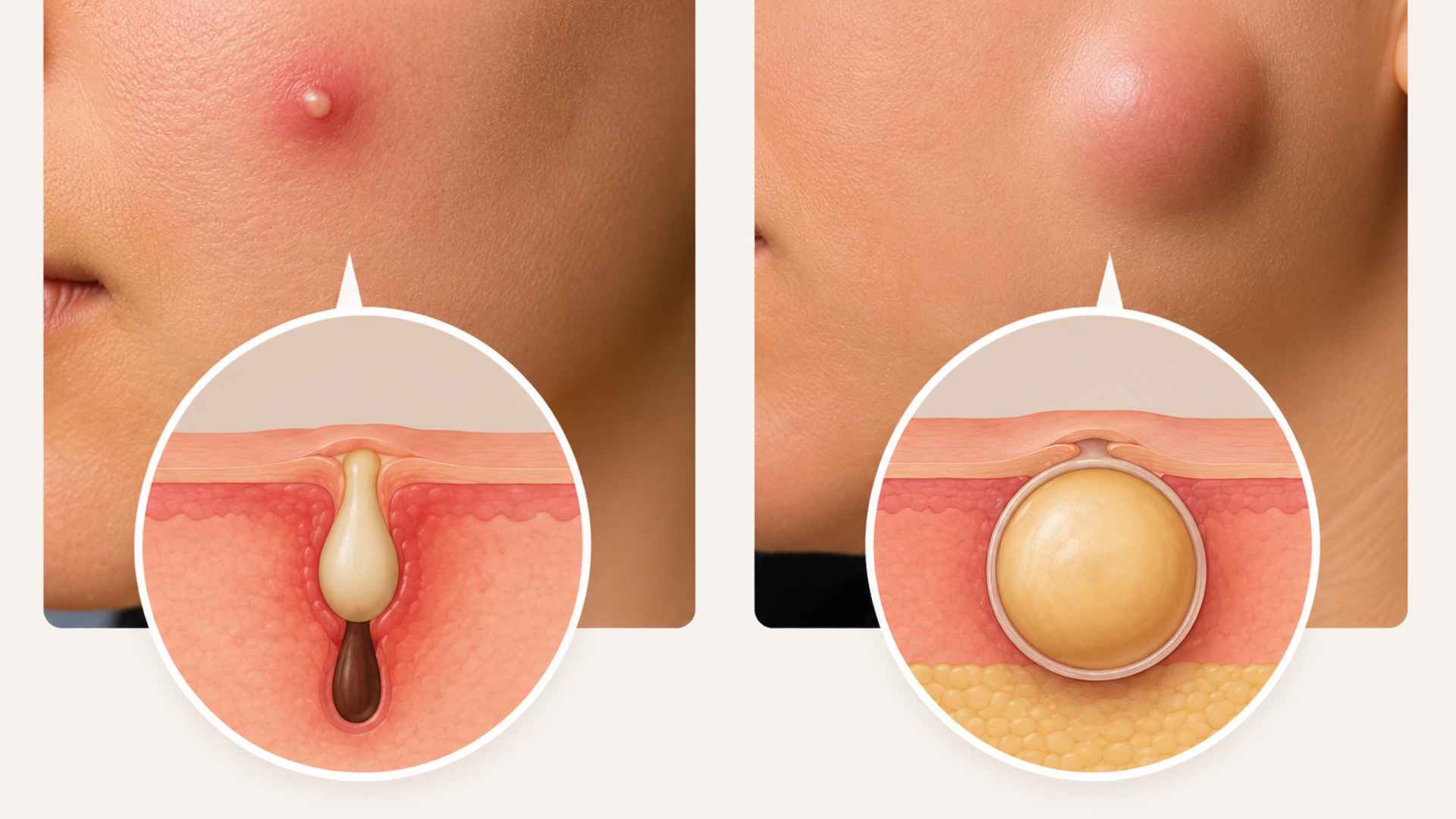 Medical illustration comparing pimple and cyst formation beneath the skin, showing a clogged hair follicle on the left and a deeper sac-like cyst structure on the right.