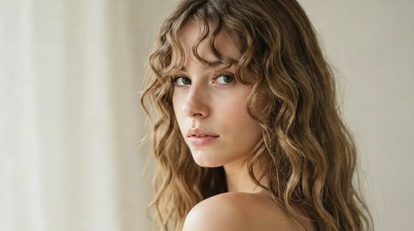 Wavy fringe haircut falling across the forehead in a soft undulating line paired with layered waves
