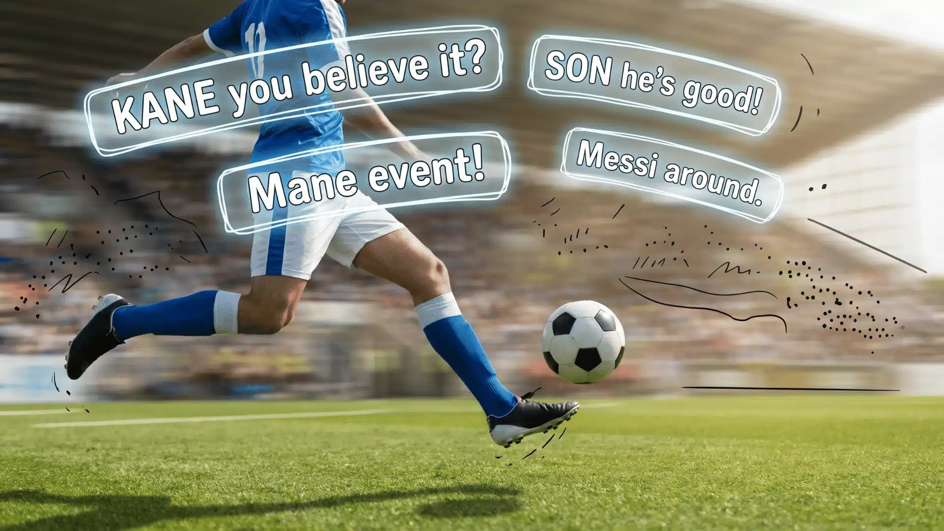 Soccer player kicking a ball with comic-style pun captions illustrating funny player name puns.