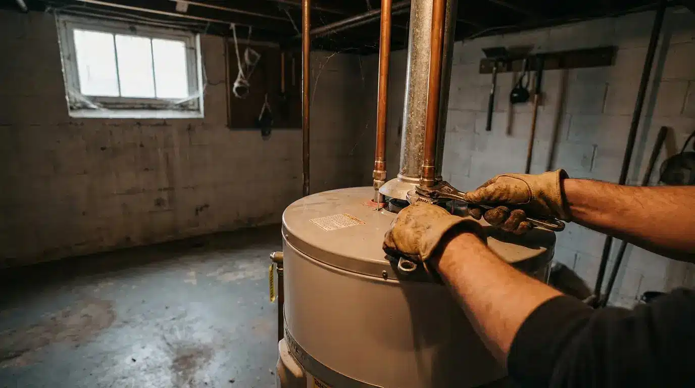 Repairing water heater pipes in dimly lit basement with concrete walls and cobwebs