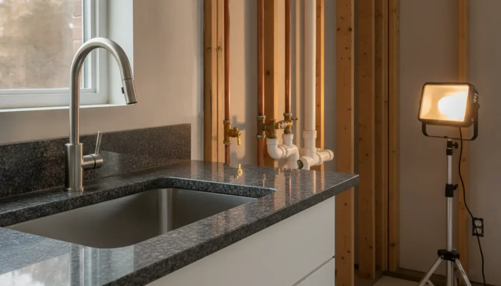 Stainless steel faucet on granite countertop with exposed plumbing pipes in kitchen under construction