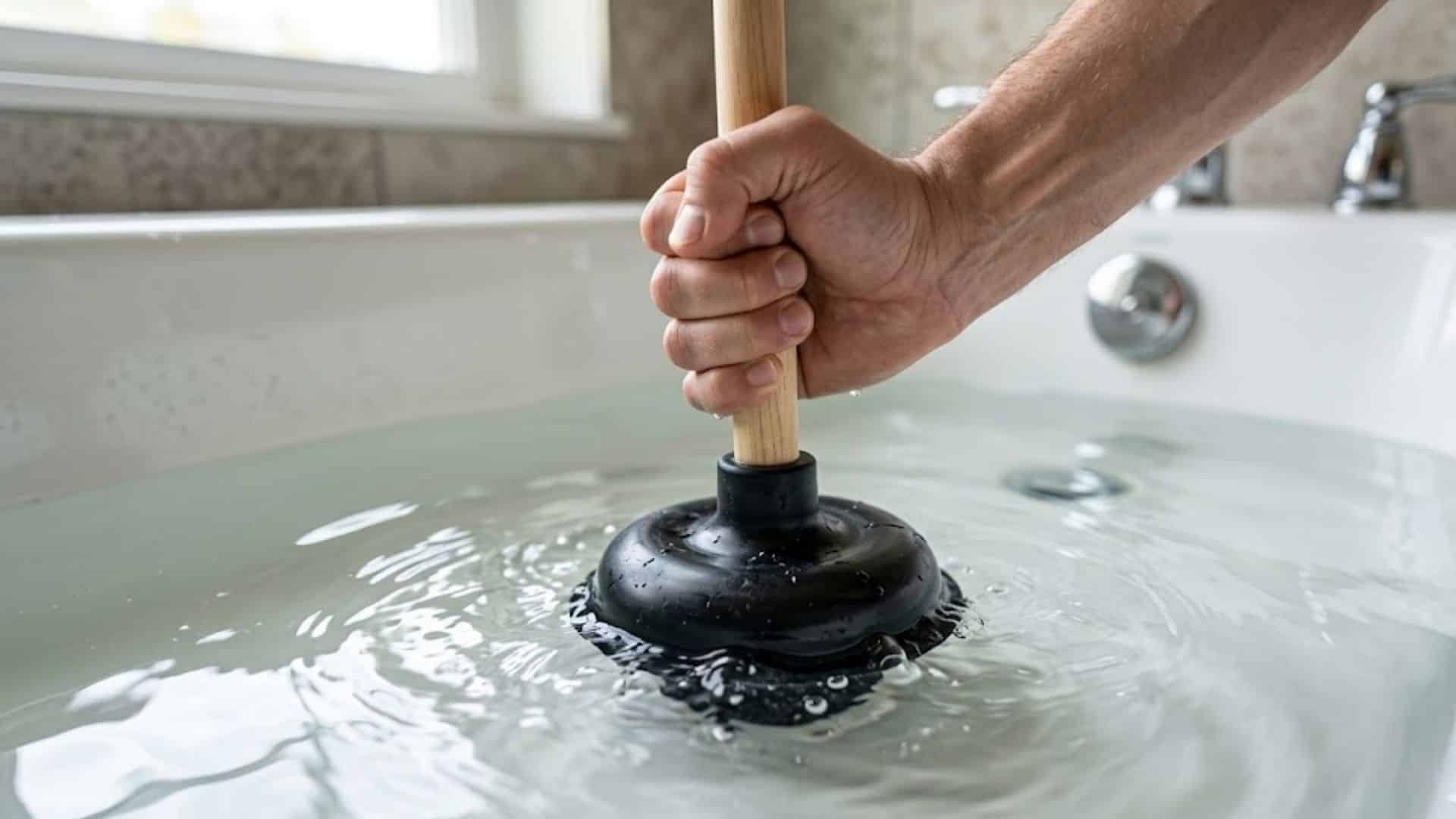 A close-up photo of a hand firmly gripping a wooden handle, pressing a black plunger into a full bathtub.
