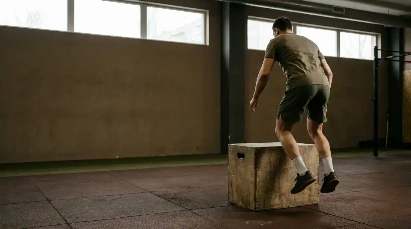 Person performing box jumps in a dimly lit gym with rubber flooring