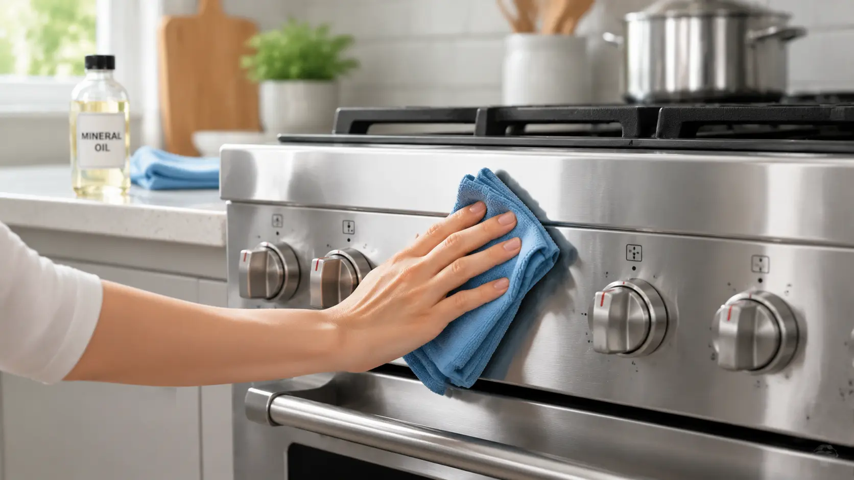 Polishing stainless steel appliances with mineral oil