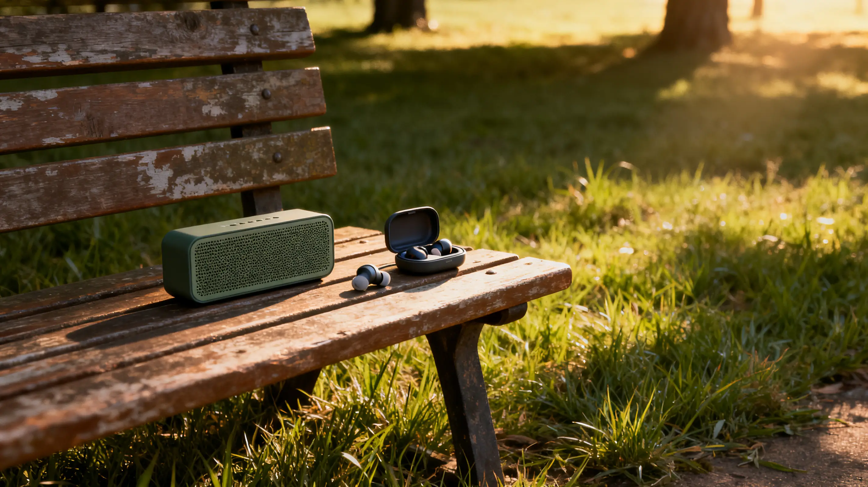 Green portable speaker and wireless earbuds on wooden park bench in sunny outdoor setting