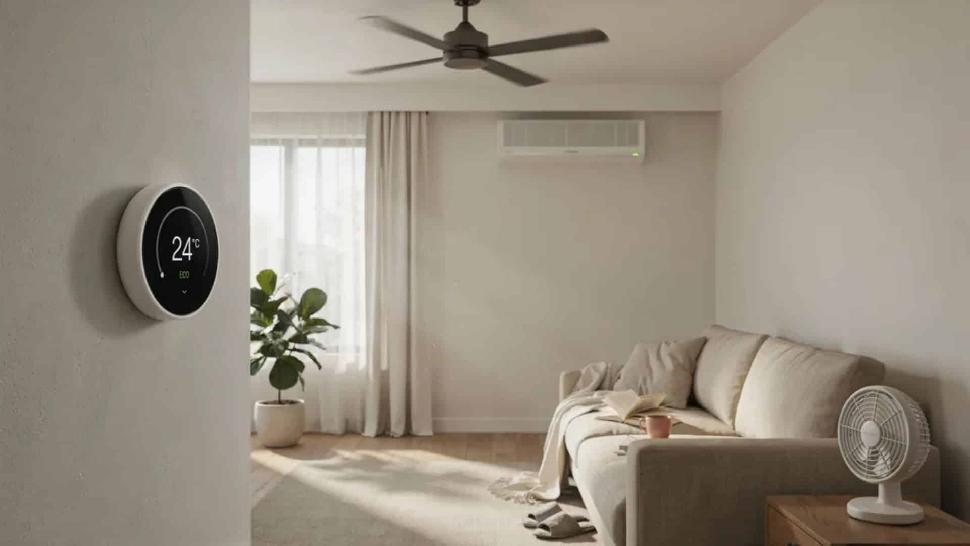 modern living room with thermostat display sofa ceiling fan and air conditioner showing home heating and cooling setup