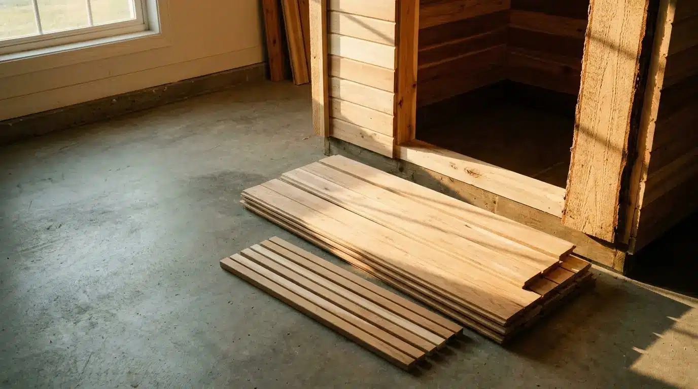 Wooden planks stacked on concrete floor beside partially built wooden structure