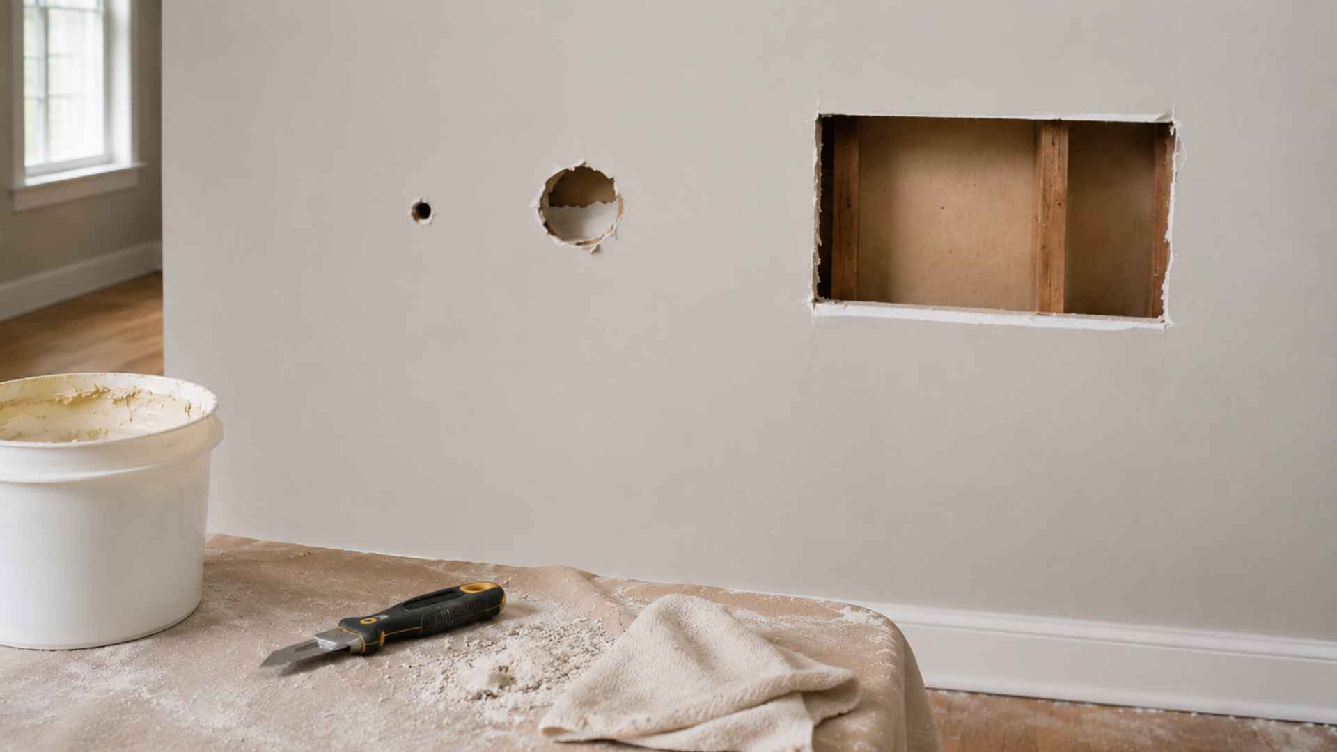 Drywall section cut clean with square edges exposed studs.