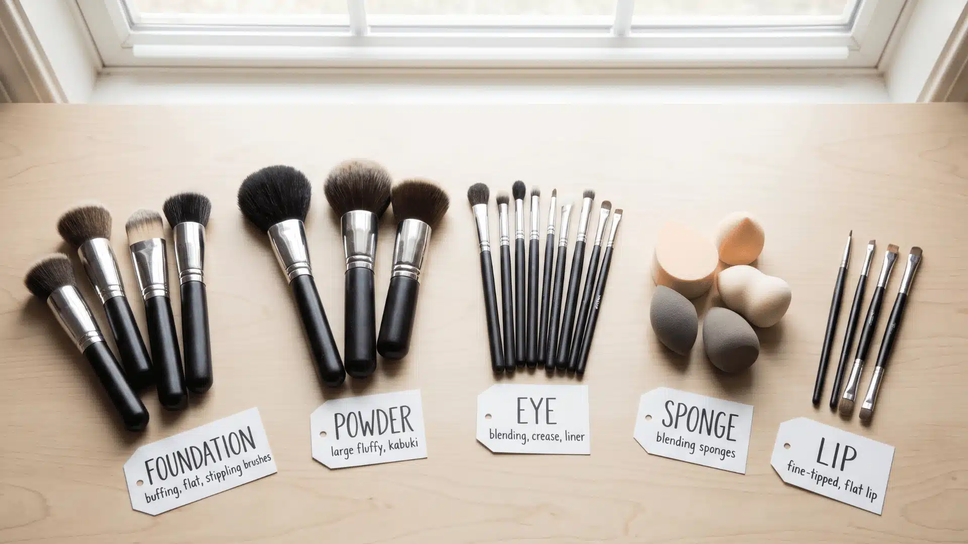 Various types of makeup brushes arranged by category on a clean surface, showing which brushes need special preparation before washing.