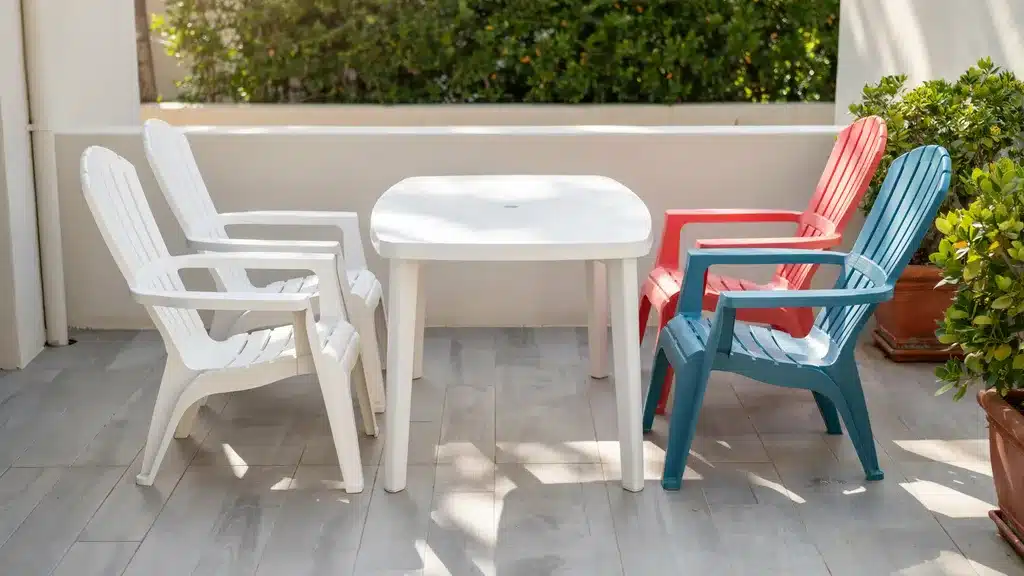 Wicker and rattan outdoor furniture on a patio, clean and sunlit, no people.