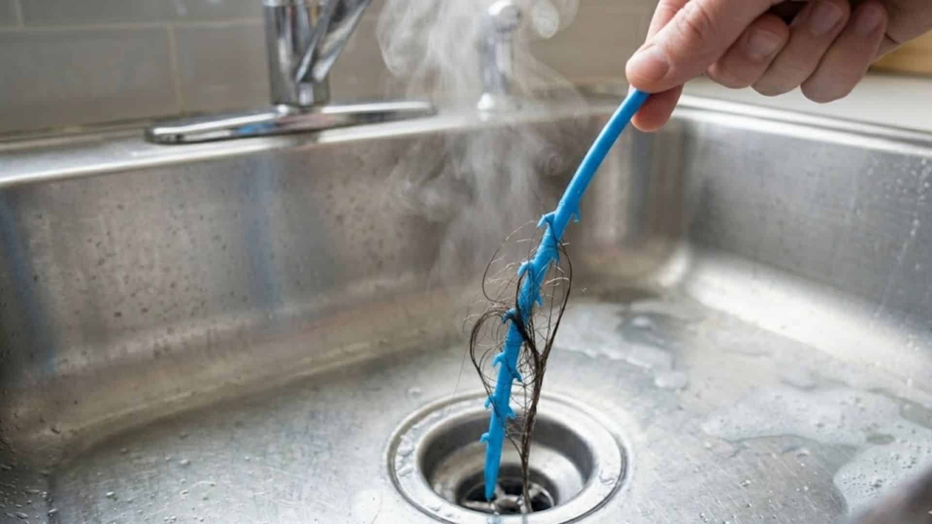 Hand pulling a clump of hair from a clogged bathroom or kitchen sink drain using a blue plastic tool, with water and steam visible around the metal sink basin.