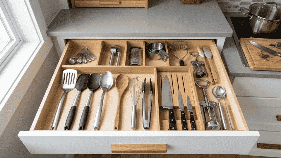 Drawer arranged with frequently used utensils like spatulas, whisks, spoons, and knives upfront