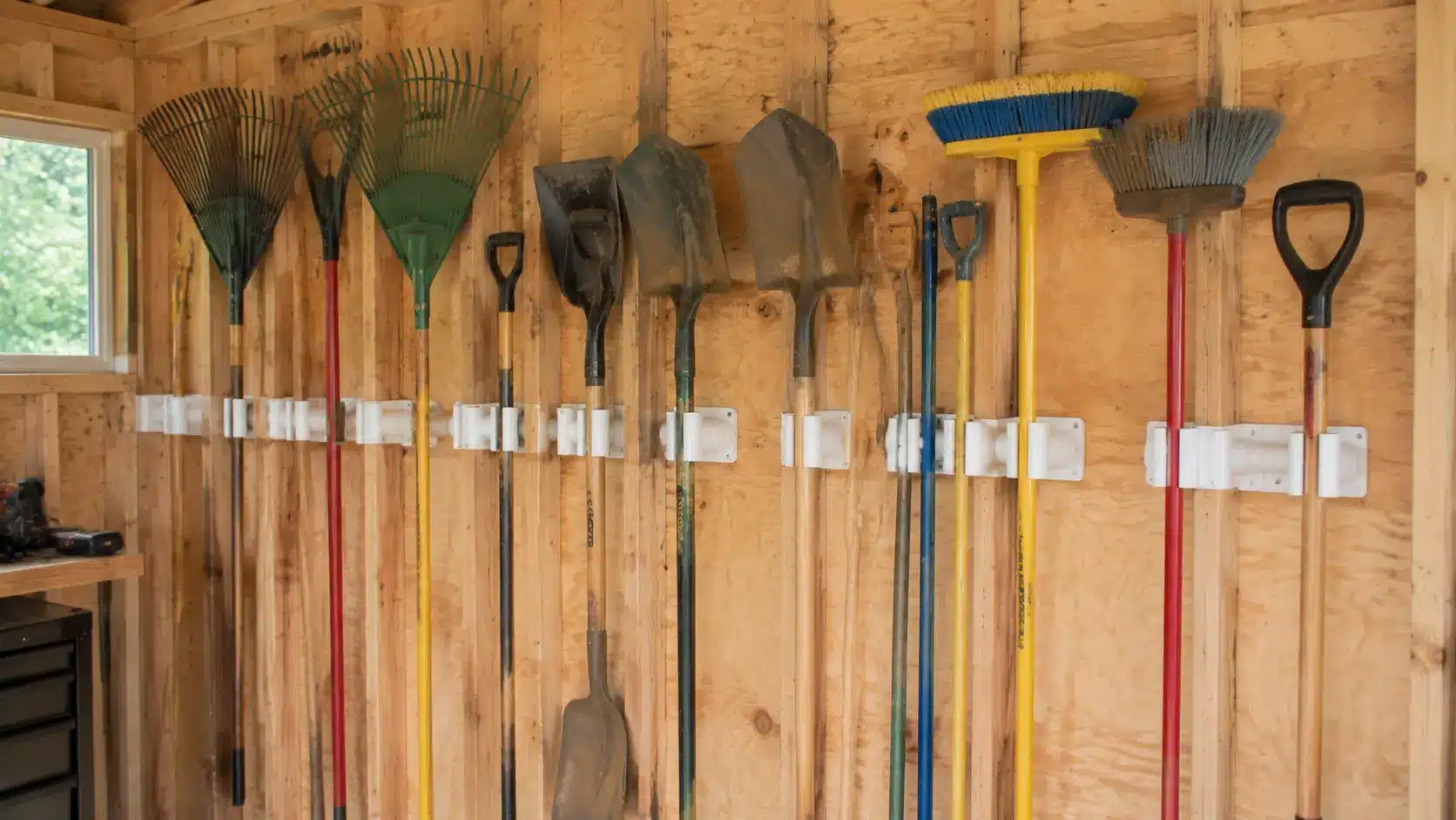PVC holders for garden tools.