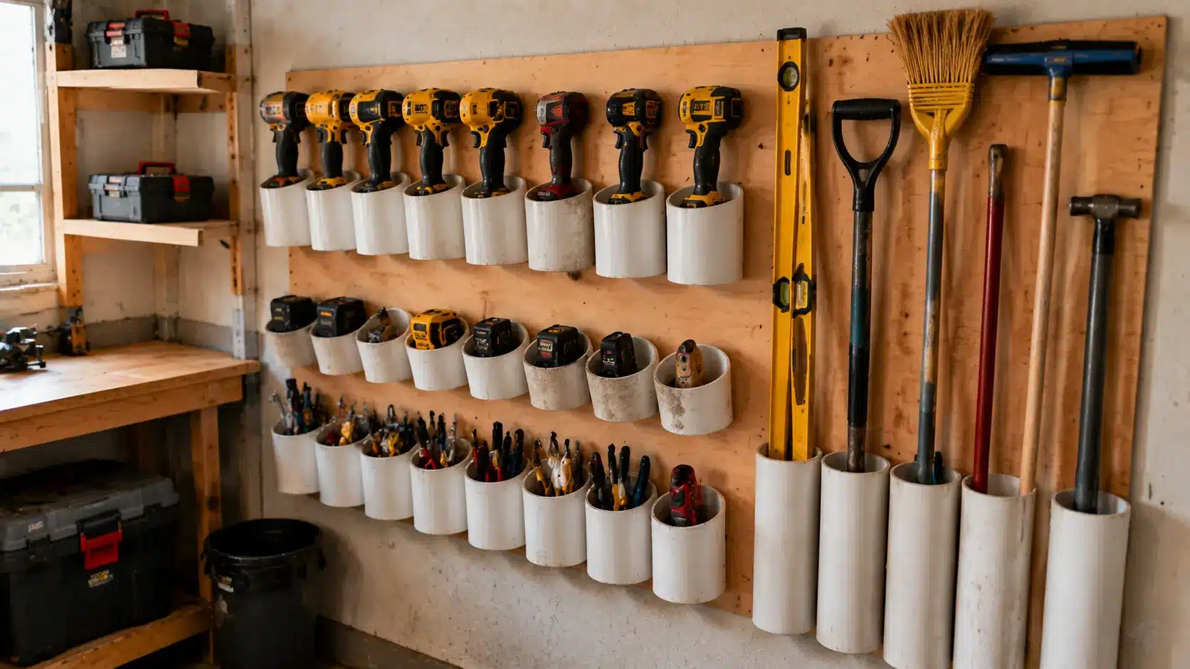PVC pipe tool holders storing drills and tools