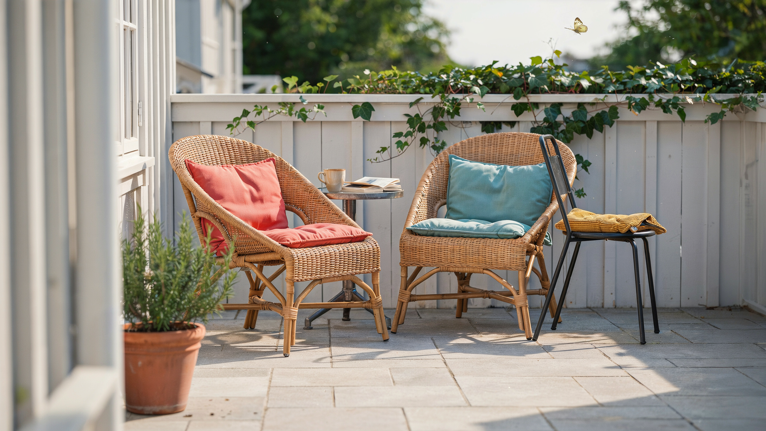 Clean outdoor fabric cushions on chairs, partially wet, arranged neatly, no people.