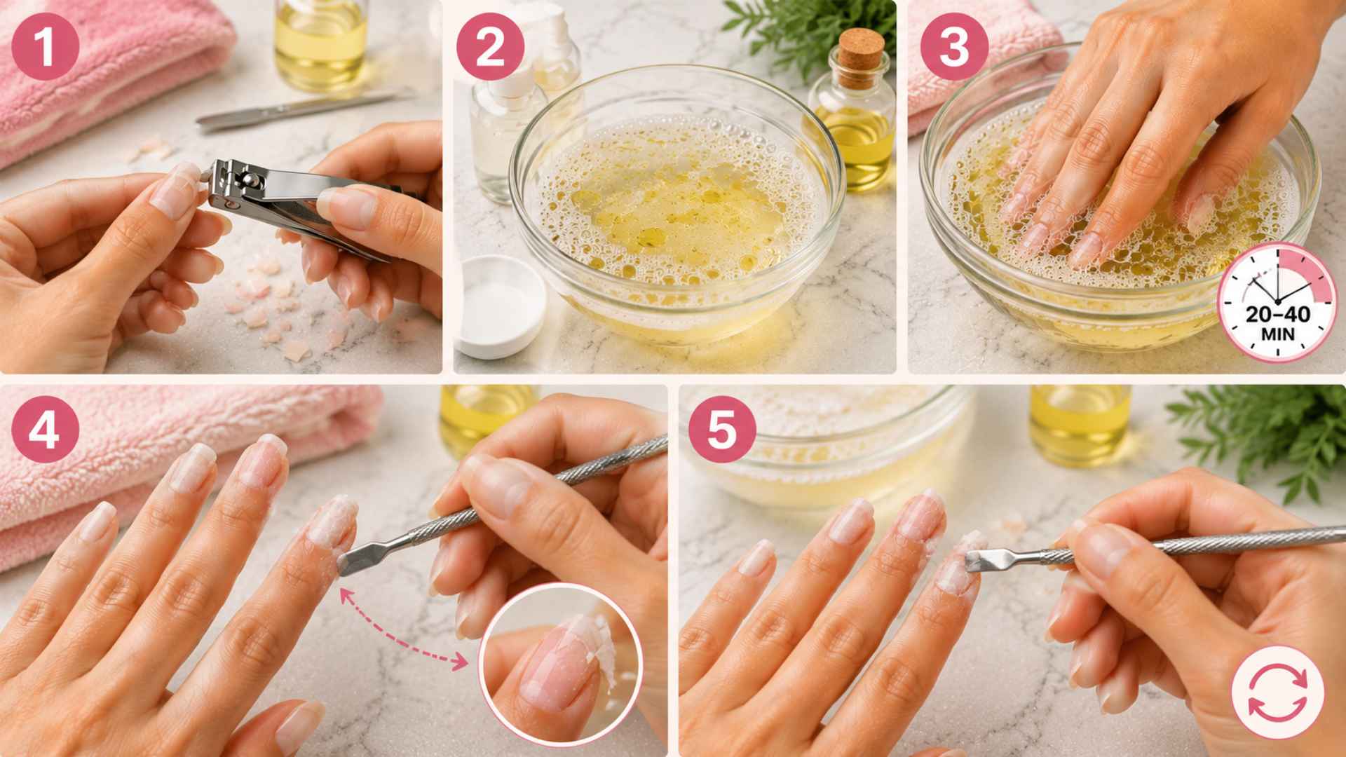 Five-step collage showing acrylic nail removal without acetone using warm water, oil soak, and gentle lifting.