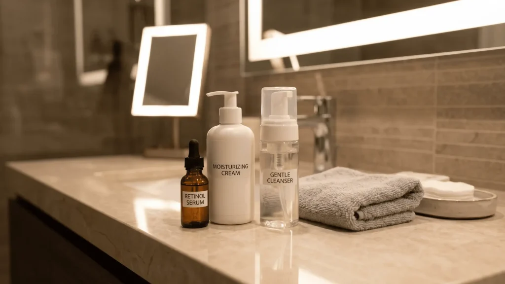 Retinol, moisturizer, and cleanser arranged on bathroom counter for nighttime skincare routine