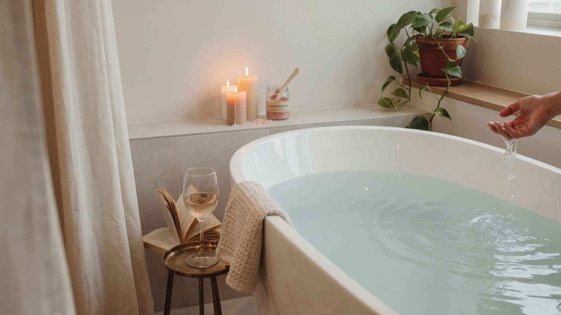 Calm bath setup for mindful self-care reward