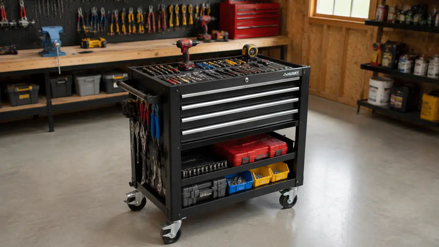 Rolling tool cart in shed