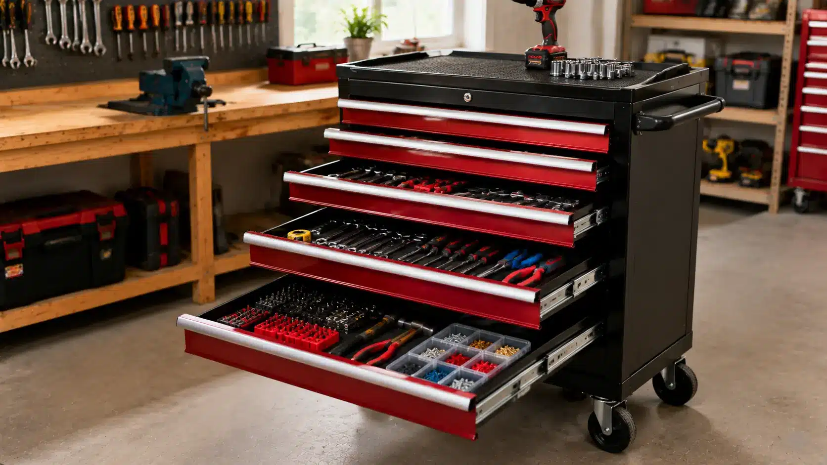 Rolling tool chest with organized drawers
