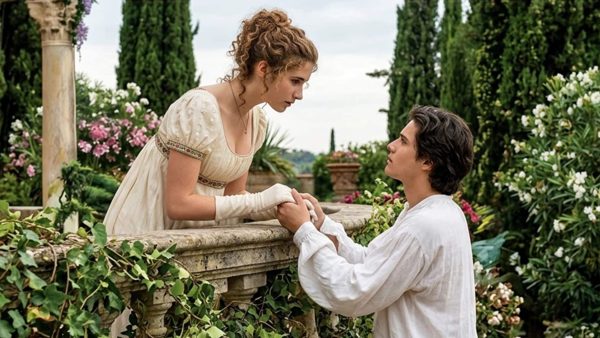 Classic romantic scene inspired by *Romeo and Juliet*, showing two young lovers in an emotional moment of connection and tragedy, set in a historic Verona-style setting.