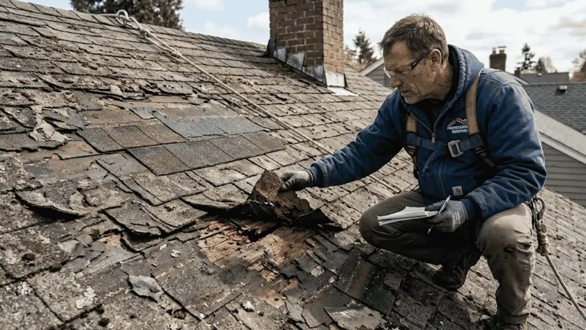 Aging roof with damaged shingles being inspected to determine if replacement is needed instead of repair.