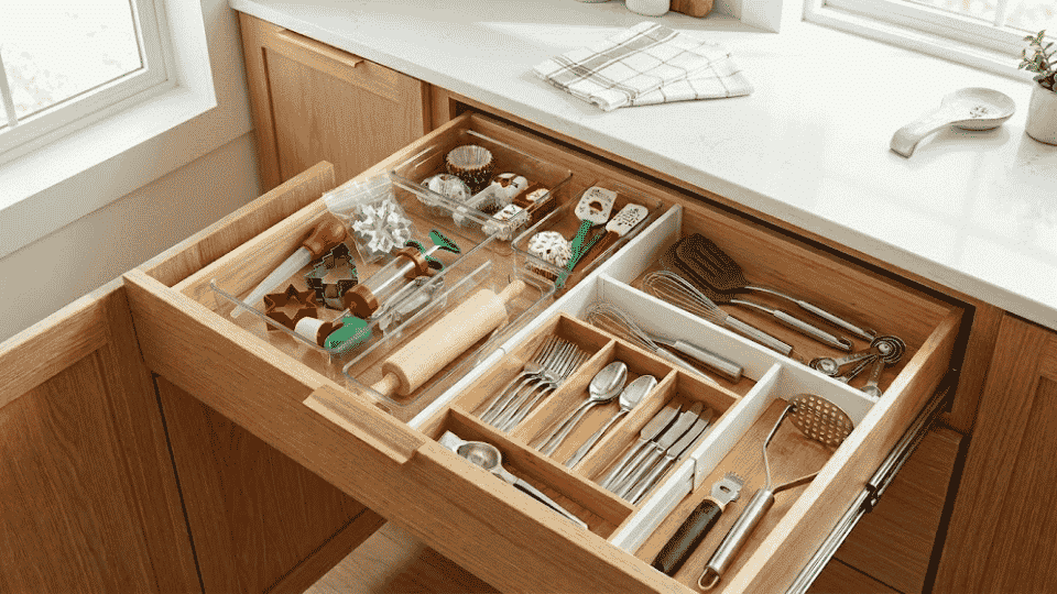 Drawer storing baking supplies with clear sections for cookie cutters, rolling pins, and tools.