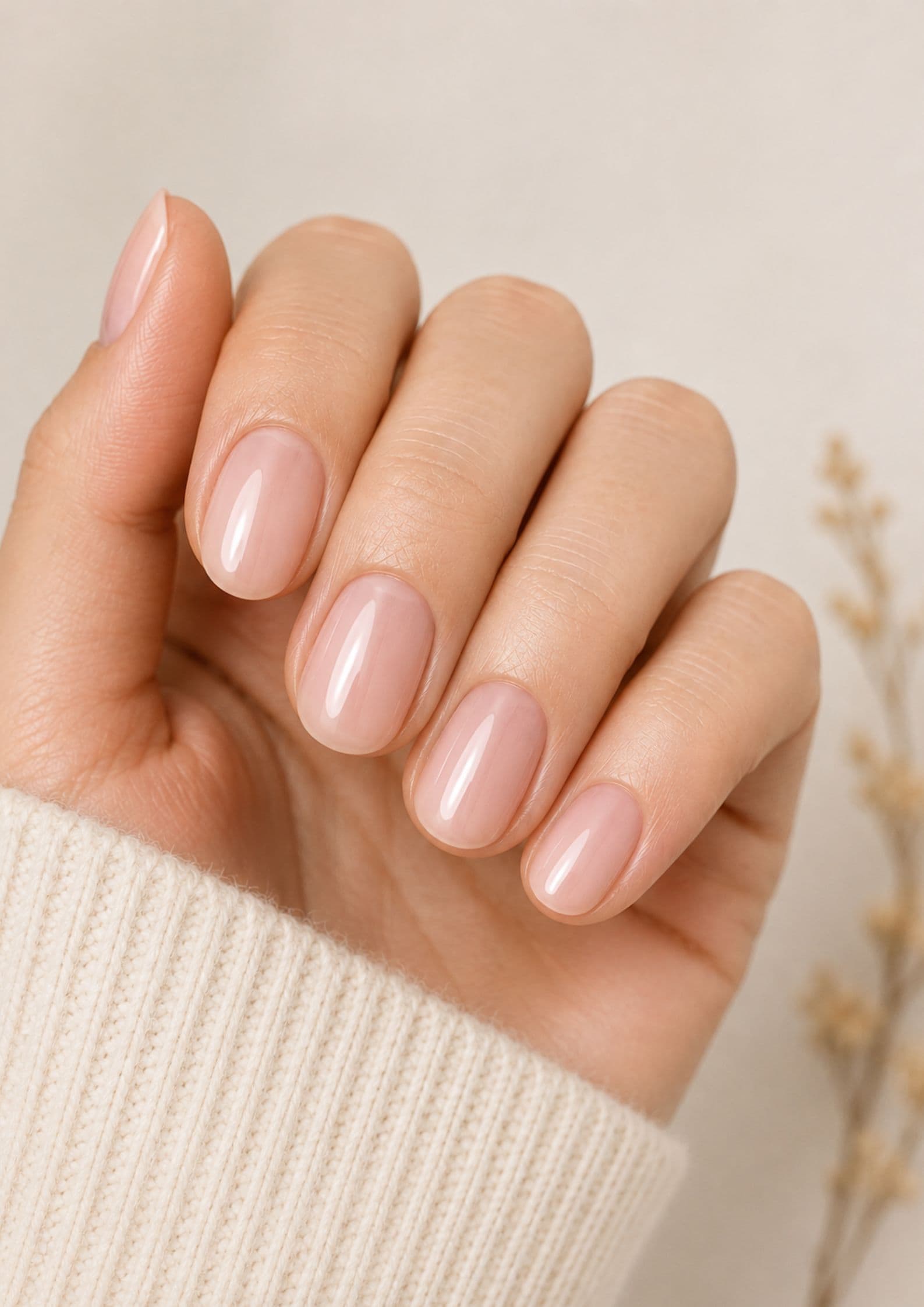 Round nude pink nails with soft curved edges on a natural manicure
