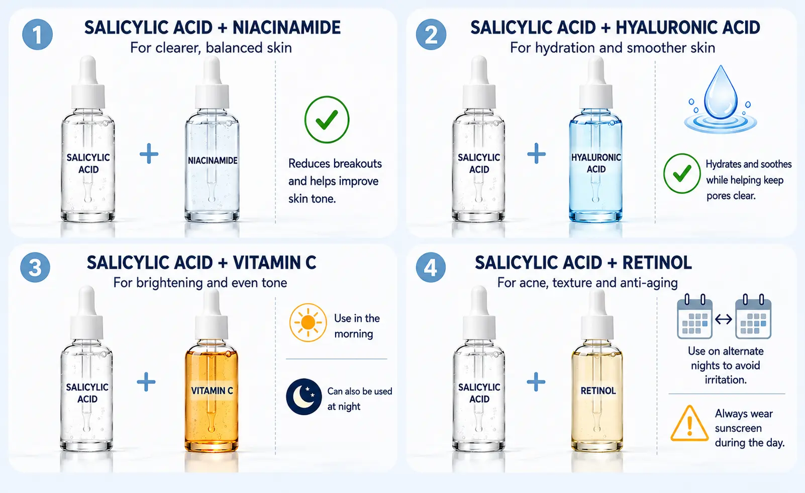 Salicylic acid skincare combinations infographic with benefits and usage tips