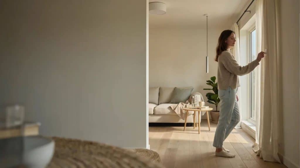 Woman turning off a light switch in a bright, minimal modern living room with natural sunlight and soft neutral tones.