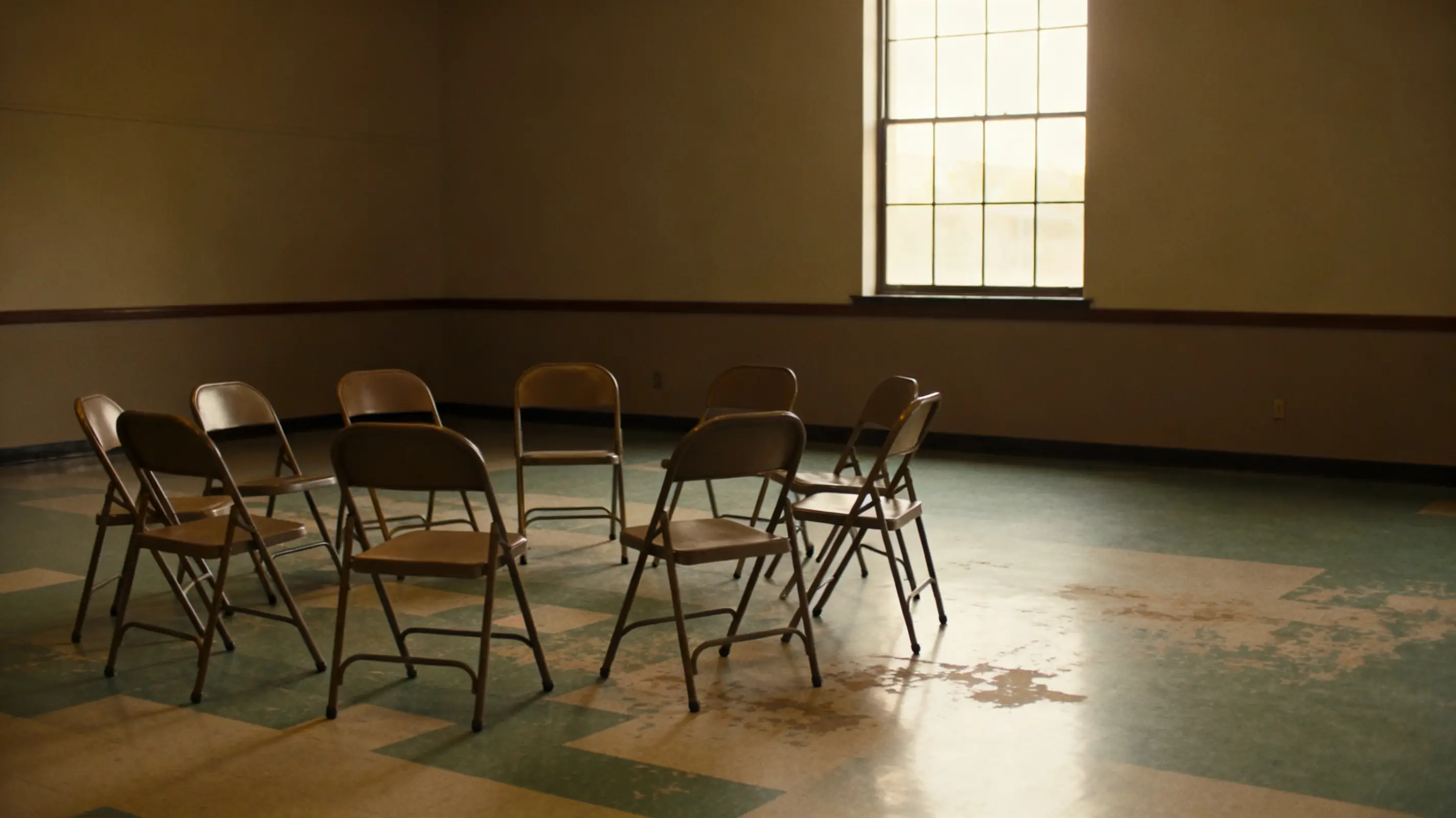 Cluster of folding chairs arranged in circle in empty, dimly lit room