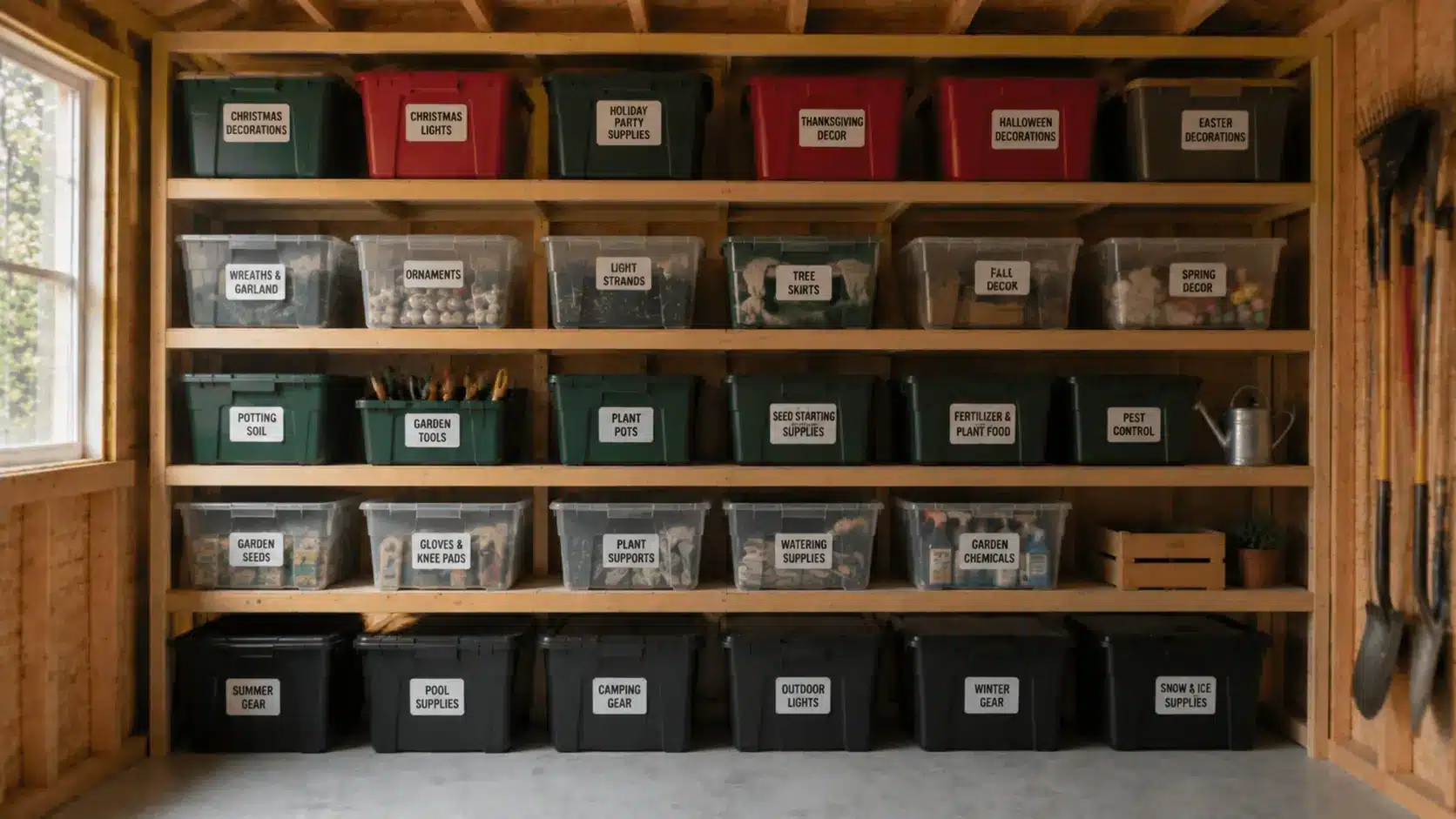 Seasonal storage bins on shelves