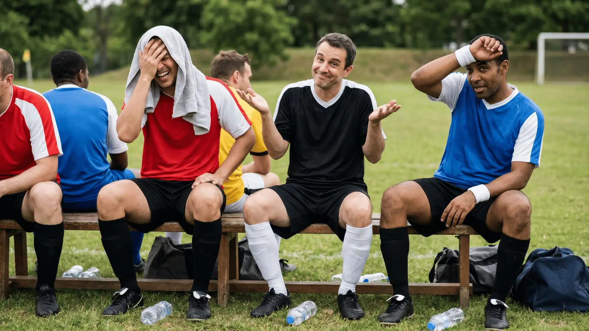 Adult soccer players laughing on a bench, showing self-deprecating humor after a missed goal.