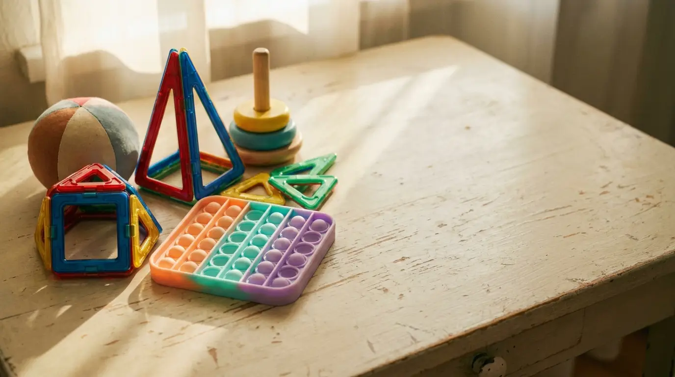 Colorful children's toys on a wooden table in warm natural light