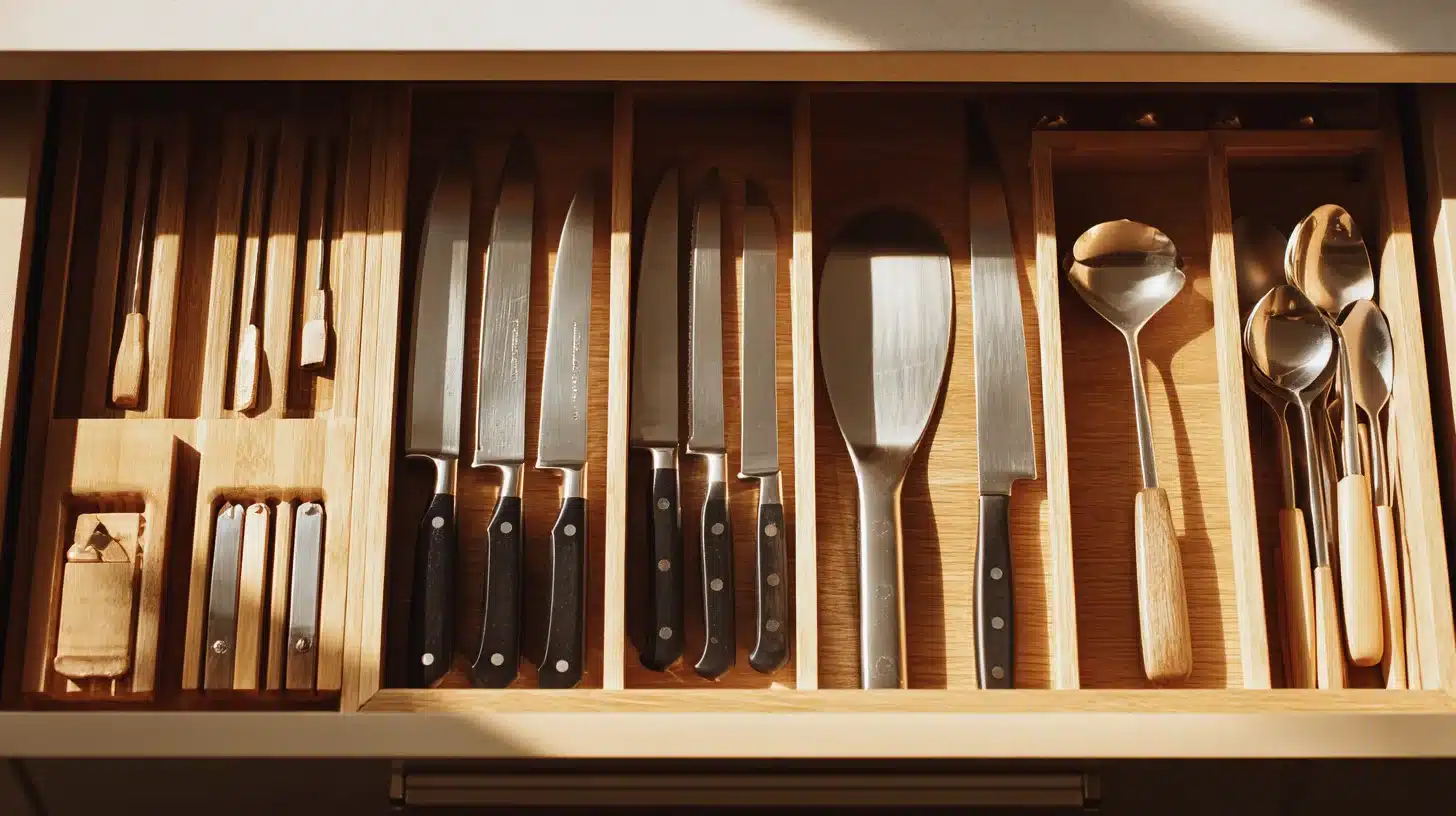 Knife section in a drawer separated from spoons and spatulas to prevent damage and improve safety