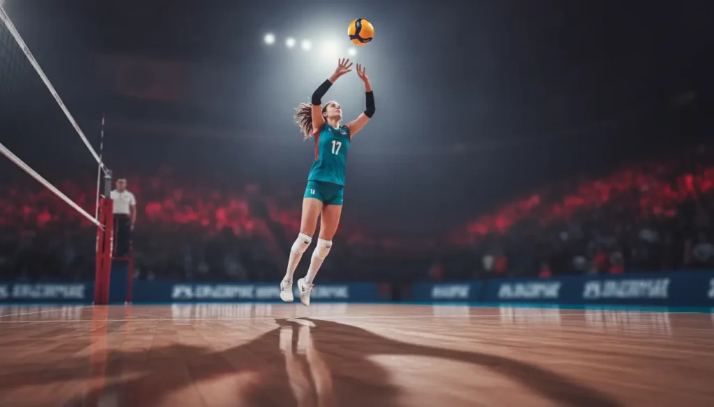 Volleyball player in teal uniform jumping to serve on indoor court with audience in background