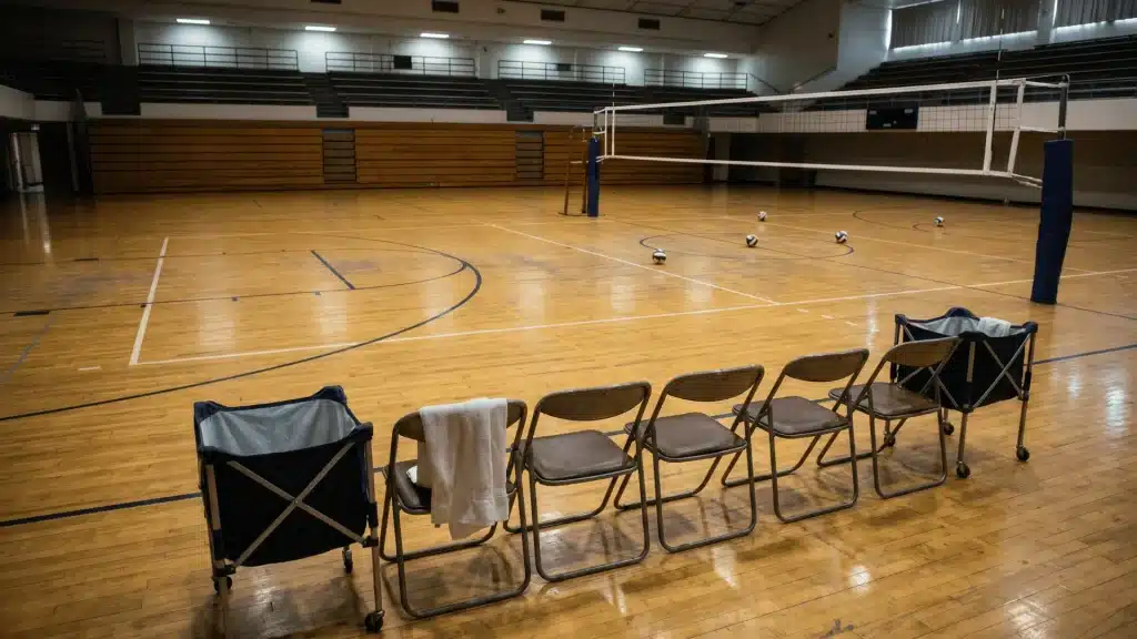 Volleyball team in serve-receive formation preparing to handle a serve during a high-pressure rally in an indoor court.