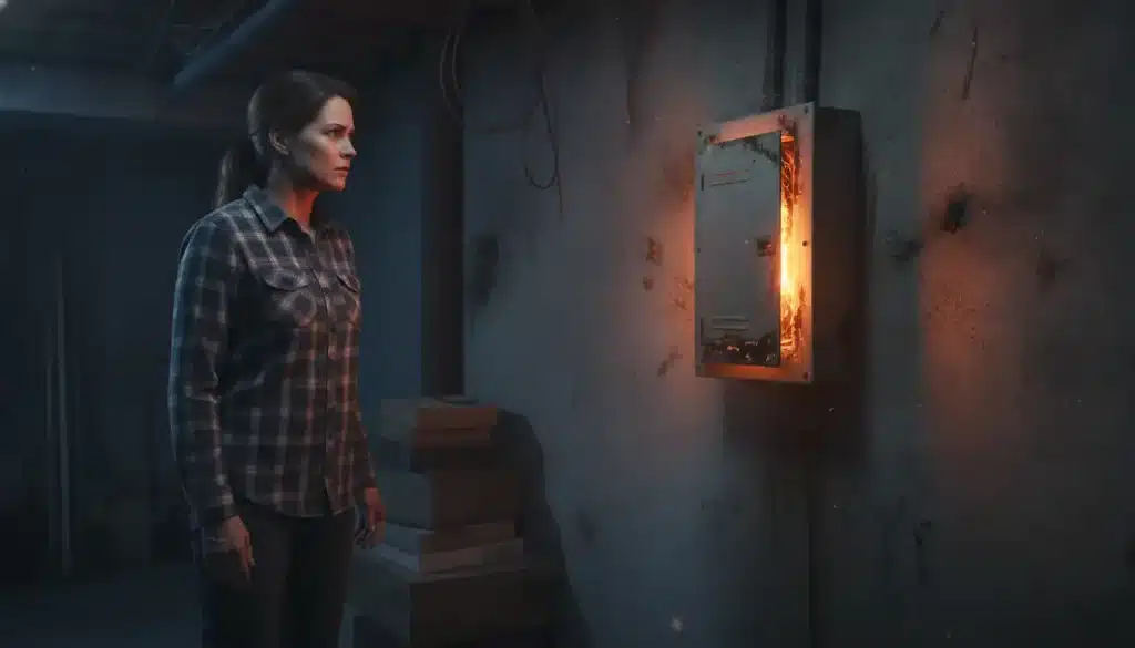 Woman in plaid shirt observing electrical panel with sparks in dimly lit basement